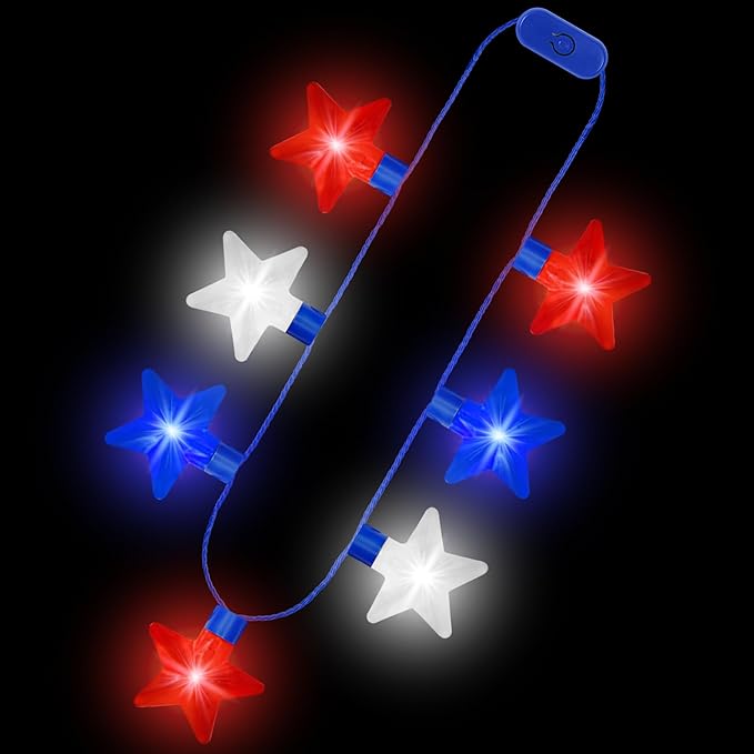 4PCS 4th of July Necklaces, Independence Day Light up Necklace Accessories, Red White Blue Fourth of July 7 Bulb Necklace Bulk, Glow Accessories for Memorial Day Veterans Day Patriotic Party Parades