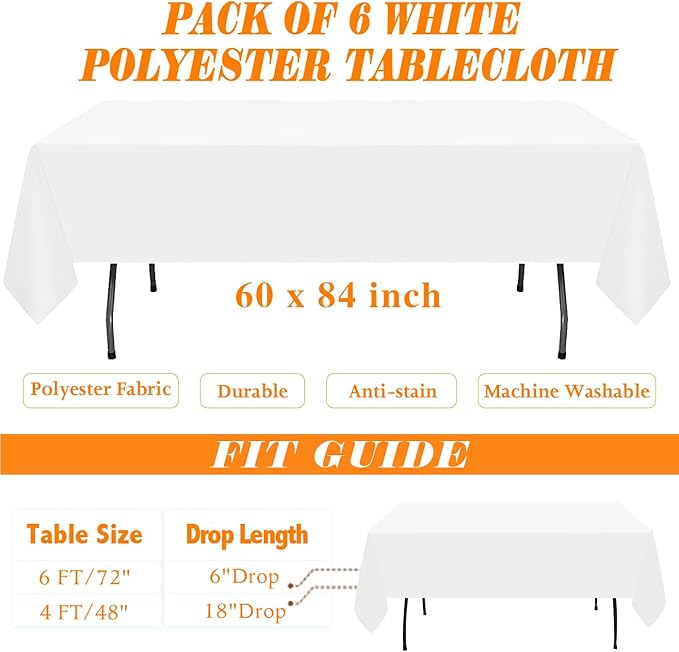 WIGENIUS 6 Pack White Table Cloth Rectangle Tablecloths 60X84 Inch,Polyester Tablecloth for 4 Foot Rectangle Tables,Wrinkle Resistant Washable Fabric Table Covers for Party,Wedding Banquet