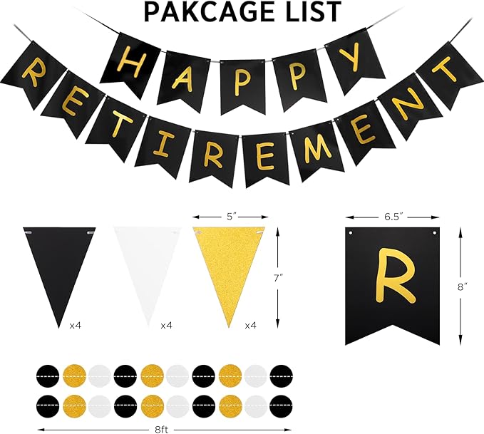 Happy Retirement Banner Assembled GAGAKU Black and Gold Retirement Party Decorations Supplies Kit Gold Glitter Paper Pennant Banner for Men Women Office Farewell Party