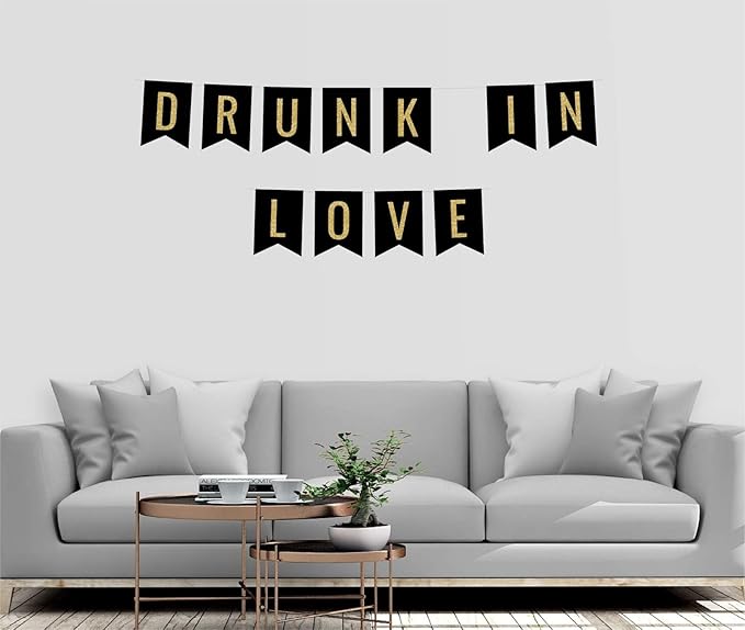 Andaz Press Faux Gold Glitter on Black Funny Alcohol Party Banner Decorations, Drunk in Love, Approx 5-Feet, 1-Set, Wedding Bridal Shower Bachelorette Birthday Colored Hanging Pennant Decor