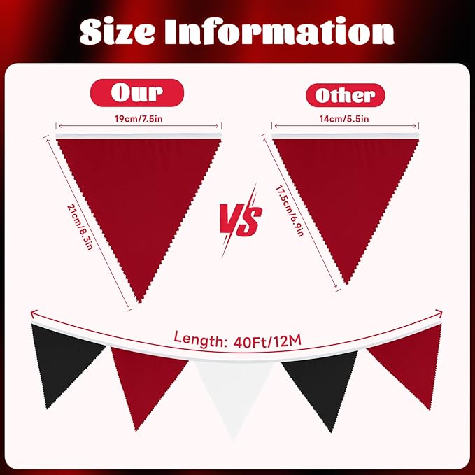 GCQQ 40Ft Red Black White Banner 42Pcs Graduation Banner Decorations Red Black White Party Decor Outdoor Triangle Fabric Bunting Banners for Halloween Grad Mickey Las Vegas Pirate Casino Party Decor