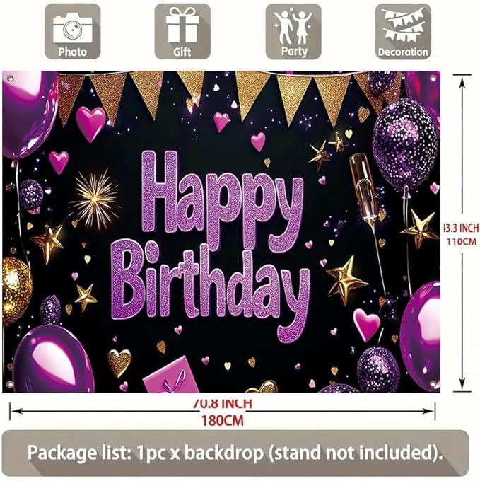 Birthday Banner 71 x 43 Inch, Large Happy Birthday Party Backdrop, Purple and Gold Glitter Birthday Decorations for Women Girls