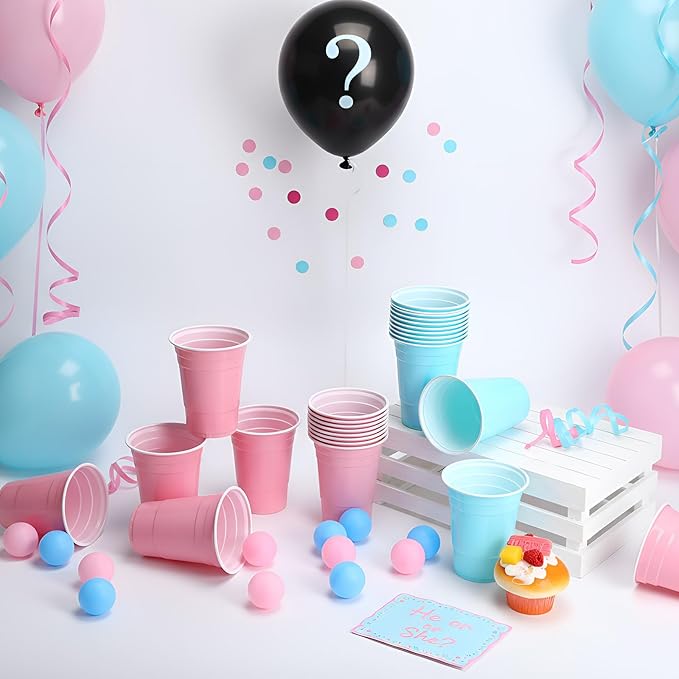 32 Pcs Gender Reveal Party Game Set Include 16oz Pink Blue Plastic Cups with 8 Balls, Cups for Party Decor Juice Beverage Outdoor Toss Game Supplies