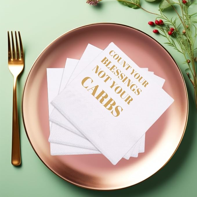 Funny Cocktail Napkins 100Pcs Funny Quotes Saying Disposable Paper Party Napkins 4.5 x 4.5 Two-ply (Count Your Blessings Not Your Carbs Napkins)