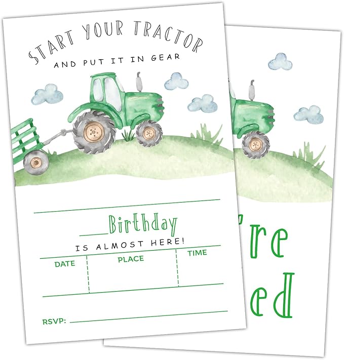 Farmyard Green Tractor Birthday Party Invitation Cards for Boys Girls, Start Your Tractor Birthday Celebration Party Invite Cards Supplies, 20 Double-Sided Fill In Invites With Envelopes -02