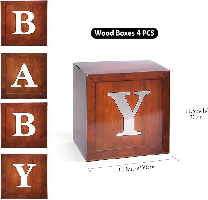 Baby Boxes with Letters for Baby Shower, 4pcs Grain Wood Balloon Boxes for Gender Reveal Birthday Wedding Teddy Bear Baby Shower Decorations (Wood)