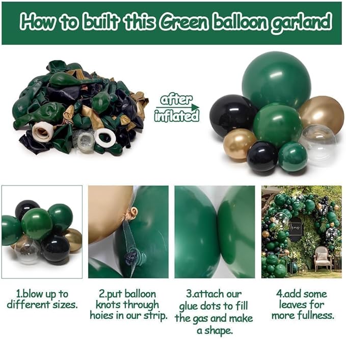 Black Green Gold Balloon Arch Kit, Double Stuffed Dark Emerald Green Black Gold Balloon Garland for Birthday Baby Shower Wedding Bridal Shower Wild One Graduation Bachelorette Jungle Party Decor