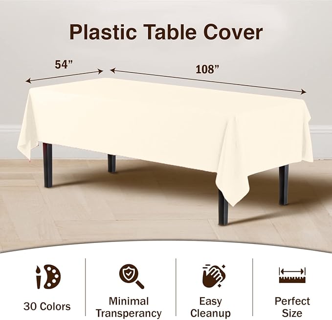 Exquisite Party Solids 6-Pack Premium Plastic Tablecloth 54in. x 108in. Rectangle Plastic Table Cover - Ivory