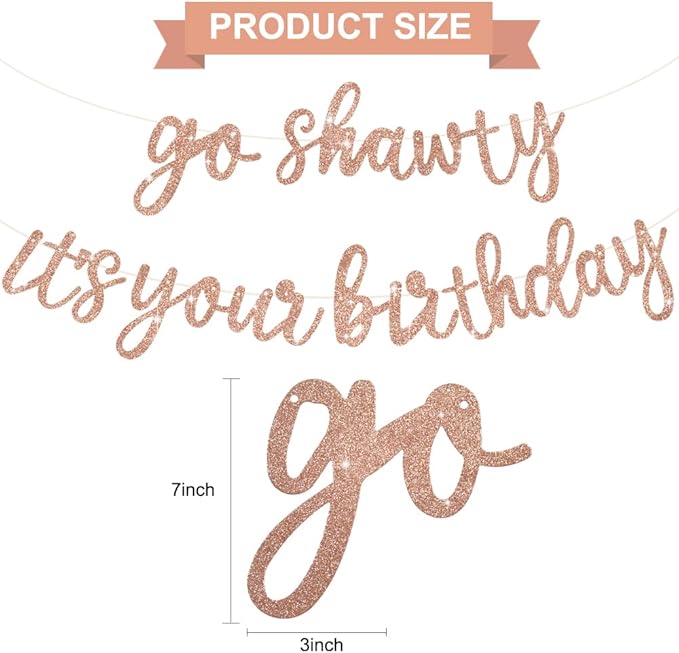 BEISHIDA Rose Gold Go Shawty It's Your Birthday Banner - NO DIY - Hip Hop Theme Glitter Happy Birthday Banner - Pre-Strung - Rose Gold Rap Theme Happy Birthday Sign for Man Women birthday Party Supply