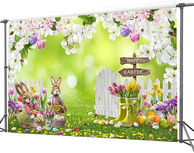 CYLYH 8x6FT Easter Backdrop Spring Flowers Grass Backdrop Colored Egg Rabbit Backdrop for Easter Party Decoration Baby Shower