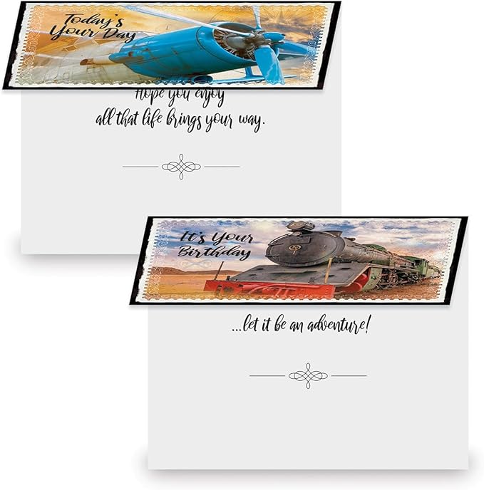 Current Vintage Transport Birthday Greeting Cards - Set of 20 (2 each of 10 Designs), 5 x 7 Inches, Classic Cars, Airplanes, Trains, Envelopes Included, Assortment Set