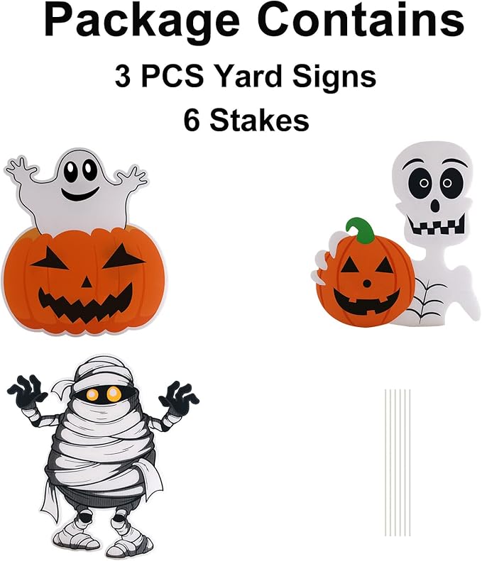 3PCS Yard Signs for Halloween Props Yard Stakes Pumpkin Ghost Monster Yard Sign Stakes for Halloween Decorations Outdoor Lawn Decor Yard Decorations