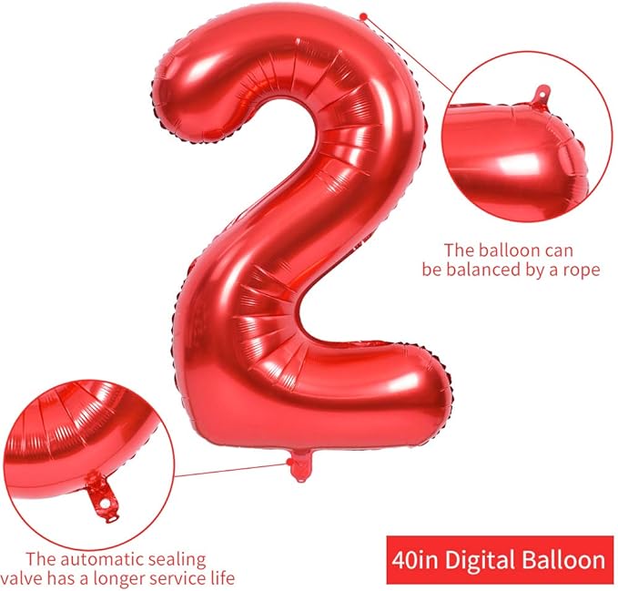TONIFUL 40 Inch Red Large Numbers Balloons 0-9, Number 2 Digital 2 HeliumFoil Mylar Big Number Balloons for 2026 Mother's Day New Year Eve Graduation Valentine's Day Birthday Party Anniversary Party