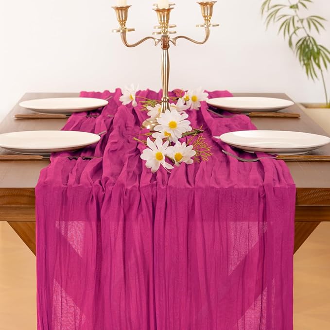 Socomi Fuschia Spring Easter Cheesecloth Table Runner Hot Pink Boho Rustic Gauze 120 inch 10FT Cheese Cloth Runner for Wedding Party Baby Shower Birthday Home Decor