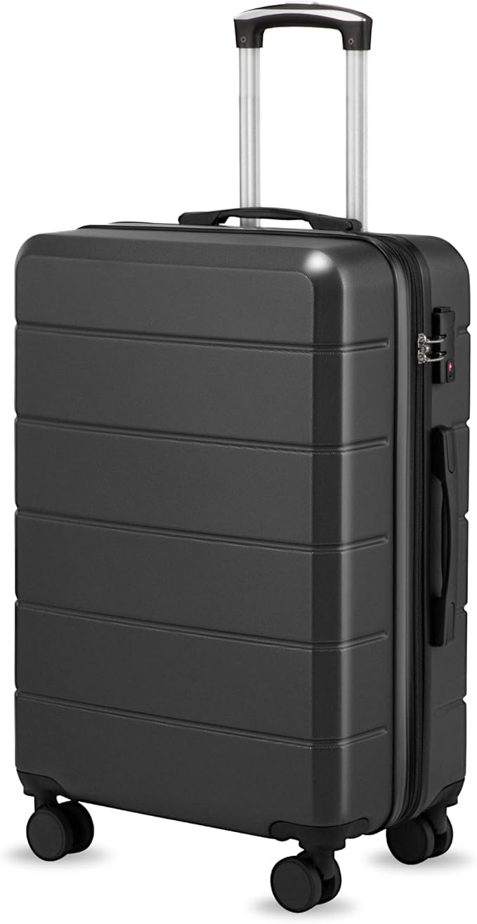 YOETEY 24 Inch Checked Luggage with Spinner Wheels, Expandable Hardside Medium Suitcase with 360° Spinner Wheels & TSA Lock, Durable ABS Travel Suitcase for 3-5 Day Trips (24 in, Black)