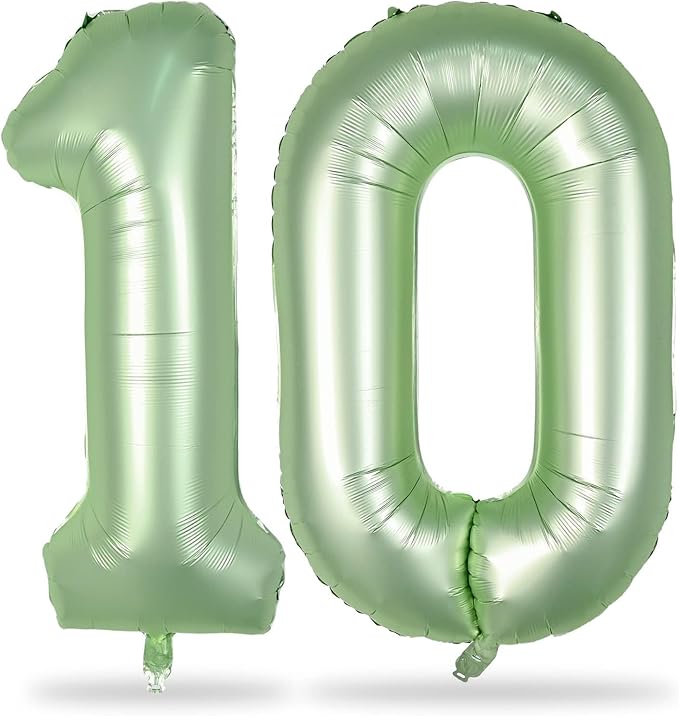 Large 10 Balloons Number Sage Green, 40 Inch Olive Green Helium Foil Number 1 & 0 Balloons Self Inflating for Girls Women 10th Birthday Party Balloons Anniversary Jungle Safari Decorations Supplies