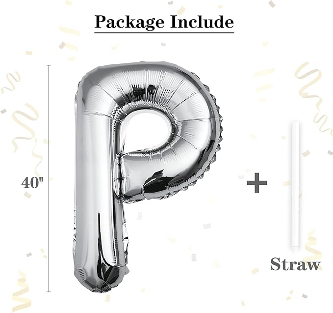 40 inch Silver Letter P Balloon, Big Size Alphabet Foil Mylar Helium Balloons for Birthday Party Celebration Wedding Anniversary Baby Shower Decorations Supplies Alphabet P