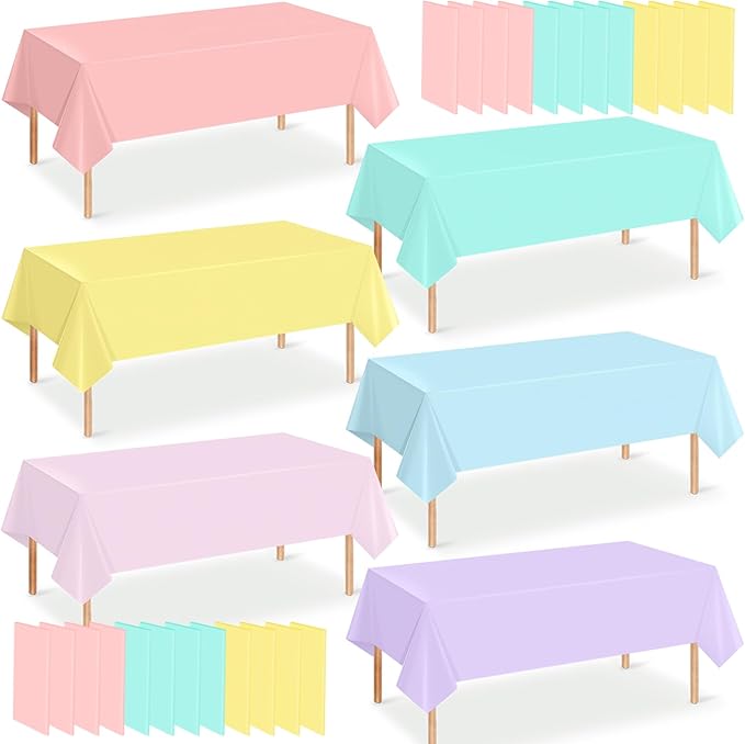 24Pcs Pastel Tablecloths, Rainbow Mix Color Plastic Tablecloth Disposable Rectangle Table Covers for Baby Shower,Bridal,Wedding, Easter,Birthday and Ice Cream Party Decoration, 54 x 108 Inch