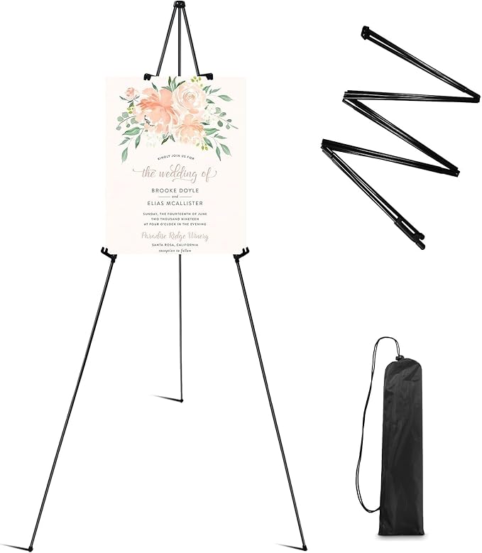 RRFTOK Easel Stand for Sign, 63'' Instant for Displaying - Art and Crafts Foldable Portable Ground Easels for Wedding Sign and Poster Display Stand - with Portable Bag Black 1-Pack.