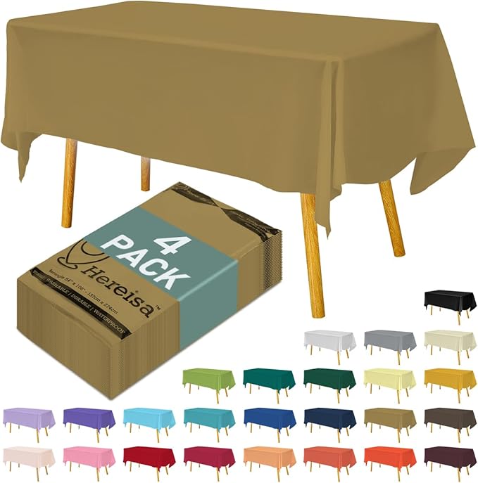 Disposable Plastic Tablecloth 54x108 Inch Rectangle - Gold, 4 Pack Waterproof & Tear-Resistant Party Table Cover for Dining, Picnic, Crafts, Holiday Decor