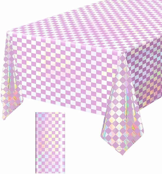 1 Pack Pink and Iridescent Checkered Tablecloth Shiny Disposable Holographic Foil Table Cloth Plastic Laser Rectangle Table Cover for Picnic Birthday Party Race Car Tablecloth
