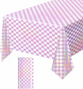 1 Pack Pink and Iridescent Checkered Tablecloth Shiny Disposable Holographic Foil Table Cloth Plastic Laser Rectangle Table Cover for Picnic Birthday Party Race Car Tablecloth
