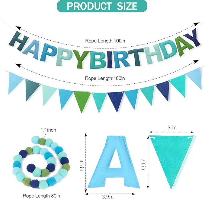 3PCS Pre-Strung 3D Blue Felt Happy Birthday Banner Set – Pom Pom Garland & Triangle Bunting, Reusable Happy Birthday Decorations, Felt Happy Birthday Banner & Sign for Boys, Men & Teens