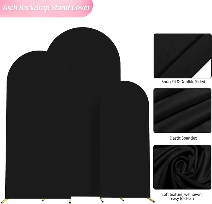 Wokceer Set of 3 Wedding Arch Cover Spandex Fitted Wedding Arch Stand Covers for Round Top Chiara Arch Backdrop Stands Cover for Birthday Party Ceremony Banquet Decoration 4ft,5ft,6ft Black