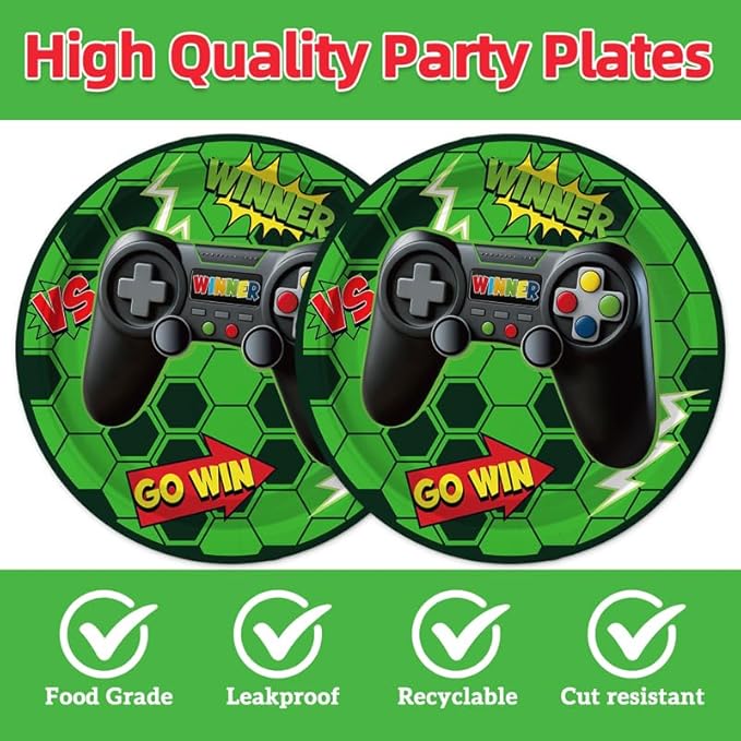 40Pcs Green Video Game Birthday Party Plates and Napkins for 20 Guests Tableware Video Game Supplies for Kids Boys Baby Shower Birthday Party Decorations
