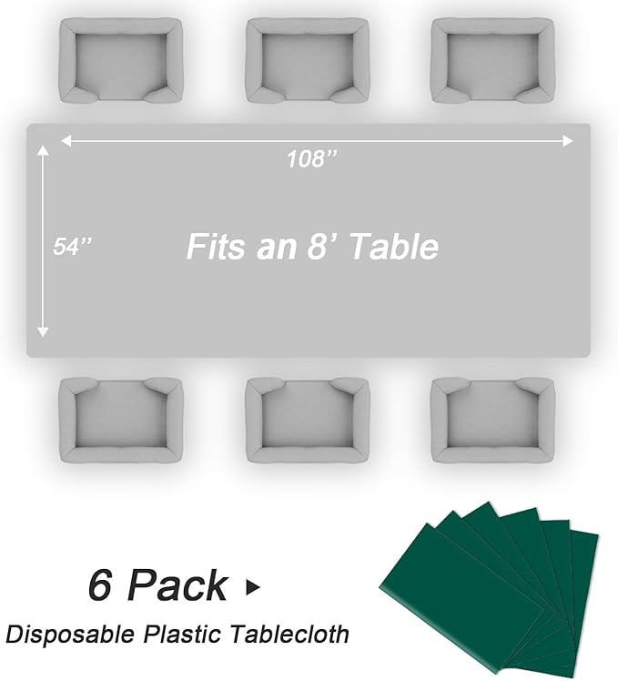 QIKSION Dark Green Plastic Table Cloth Disposable 6 Pack, 54 x 108 Inch Tablecloths for Party, Christmas Decorations, Rectangle Table Cover