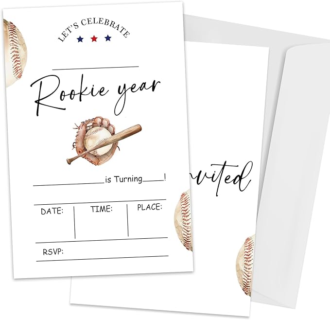 Rookie Year First Birthday Invitations, 1st Invites for Girls Boys, 20 Pcs Double-Sided Fill In Invitations with Envelopes, Birthday Party Favor & Supplies 6 x 4 Inch