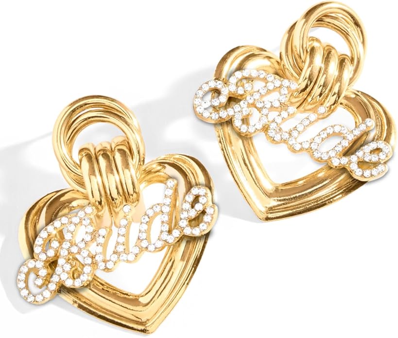 xo, Fetti Gold + Rhinestone Bride Heart Earrings | Bachelorette Party Jewelry, Bridal Accessory, Rehearsal Dinner Outfit, Bridesmaid Gift, Oversized Look
