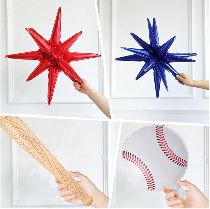 Baseball Balloon Garland Arch Kit,141pcs Red White Deep blue Twilight blue with 3D Baseball bat Star Balloons for Party Supplies