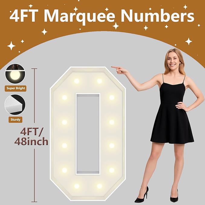 4FT Marquee Light Up Numbers, Giant Marquee Numbers, Pre-cut DIY Foam Board Number 0 for 30th 40th 50th Birthday Decorations,60th 70th Anniversary Party Decor