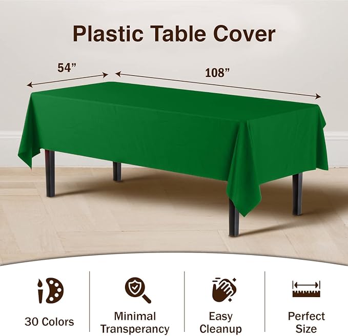 Exquisite Party Solids 6-Pack Premium Plastic Tablecloth 54in. x 108in. Rectangle Plastic Table Cover - Emerald Green