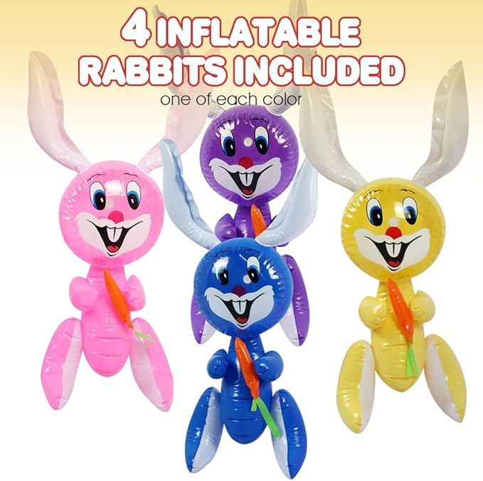 ArtCreativity 23" Inflatable Easter Bunny with Carrot Inflates, Set of 4 Blow Up Bunny, Egg Hunt Supplies for Easter Basket Stuffers, Indoor and Outdoor Decoration, Party Favors, 4 Assorted Colors