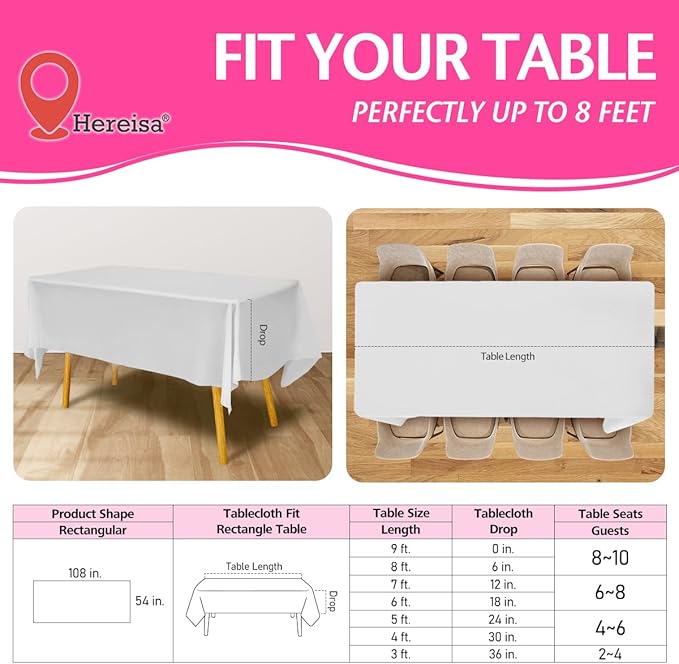 Disposable Plastic Tablecloth White 54x108 Inch, 5-Pack Waterproof Rectangular Table Cover for Parties, Picnics, Dining Protection
