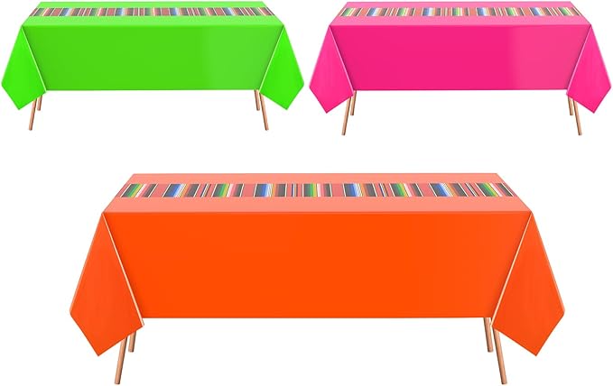 Oudain 3 Pcs Fiesta Tablecloth 108 x 54 Inch Plastic Tablecover Waterproof Mexican Tablecloth Mexican Striped Table Cover for Taco Night Festive Fiesta Wedding (Green,Orange,Pink)