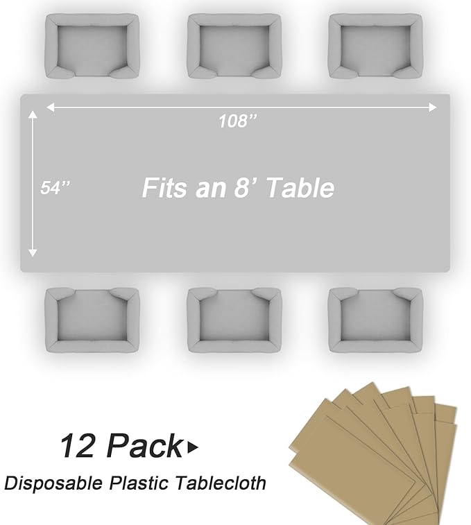 QIKSION Gold Plastic Table Cloth Disposable 12 Pack, 54 x 108 Inch Tablecloths for Graduation, Thanksgiving, Christmas Decorations, Rectangle Table Cover