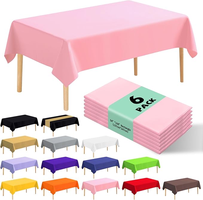 6 Pack Premium Disposable Plastic Tablecloth 54" x 108" Party Table Cloths Disposable for 6 to 8 Foot Tables Indoor or Outdoor Parties Birthdays Weddings Christmas Anniversary Buffet Table (Pink)