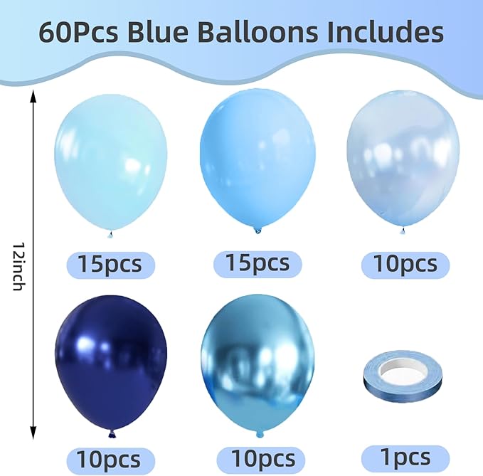 Blue Balloons, 60Pcs 12 Inch Metallic Blue Navy Pearl Light Chrome Blue Latex Balloons for Birthday Graduation Father's Day Wedding Party Decoration