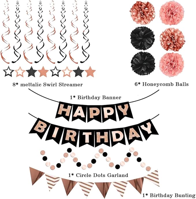 Birthday Decorations, Happy Birthday Banner with Honeycomb Balls, Stars Hanging Swirl Streamers, Buntings Circle Dots Garland, Party Decorations for Women Men Boys Girls (Rose Gold & Black)