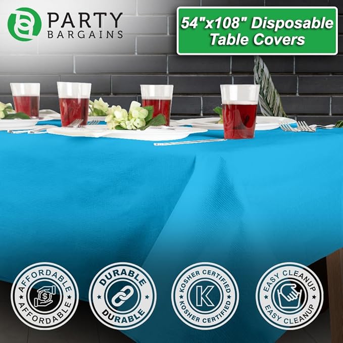 PARTY BARGAINS Disposable Table Covers, 54 x 108 Inch, Blue, 3-Ply Paper & Plastic Spill-Resistant Party Tablecloths, 10 Pack