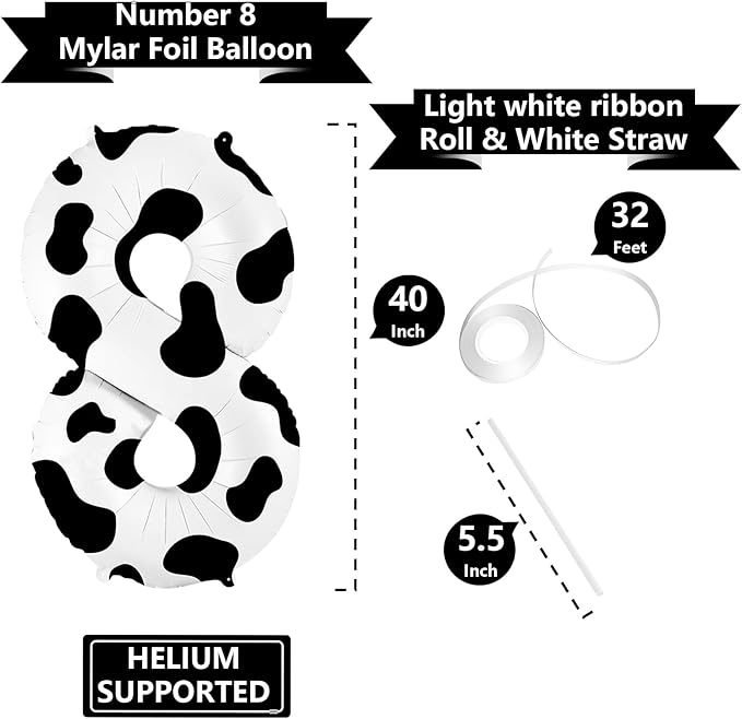 40 Inch Cow Print Balloon, Number 8 balloons Cow Balloons for 8st birthday decoration, Large Cow Number Balloons for western party decorations Baby Shower Animal Theme Party Holiday Decor