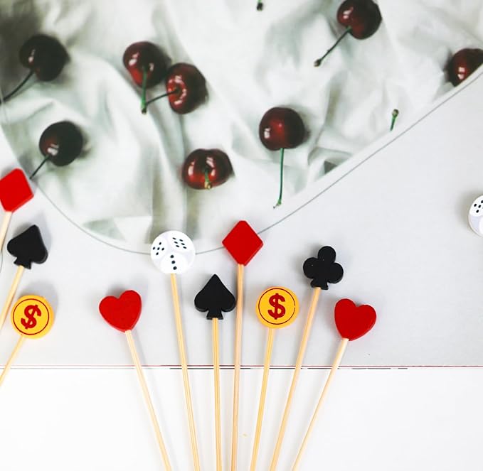 100Pcs Casino Cocktail Picks Poker Dice Theme Decor Toothpicks Fruit Sticks Food Cupcake Sandwich Appetizer Charcuterie Skewers for Las Vegas Game Night Adult Birthday Casino Themed Party Decorations