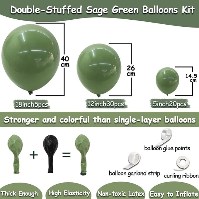 Double Stuffed Sage Green Balloons Retro Olive Green Balloon Garland Kit Different Sizes 18/12/5 Inch Pastel Avocado for Easter Birthday Baby Shower Wedding Jungle Safari Spring Party Decoration