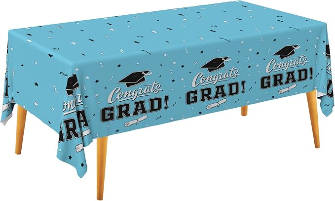 Gatherfun Graduation Party Decorations, Gongrats Grad Tablecover for Graduation Party Supplies, 3 pcs Sky Blue Table Cloths, 54"x108"