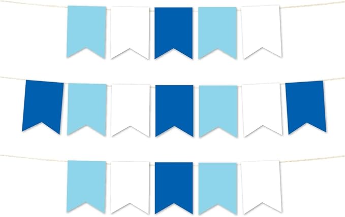 Andaz Press Hanging Pennant Banner with String, Royal Blue, White, Baby Blue, 1-Set, 24 Pennants, Approx. 12-Feet Long, Kids Airplane Birthday Theme Colored Supplies