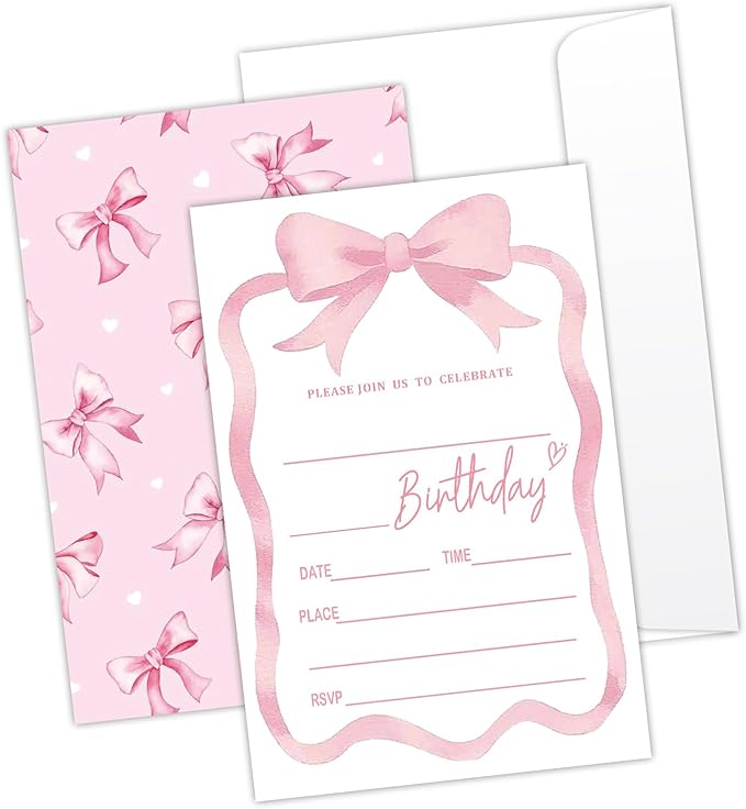 Pink Bow Birthday Invites Cards Party Invitation Cards for Girls Kids Adults Party Invitations 4x6 Inch Blank Invitations with Envelopes 20 Pcs Double Sided Invitation Card for Girls Birthday YT0081