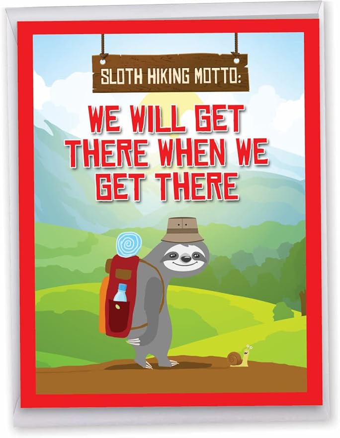 NobleWorks Oversize Humorous Belated Birthday Paper Card From Us 8.5 x 11 Inch with Envelope (1 Pack) Large Jumbo Sloth Hiking J7234BEG-US